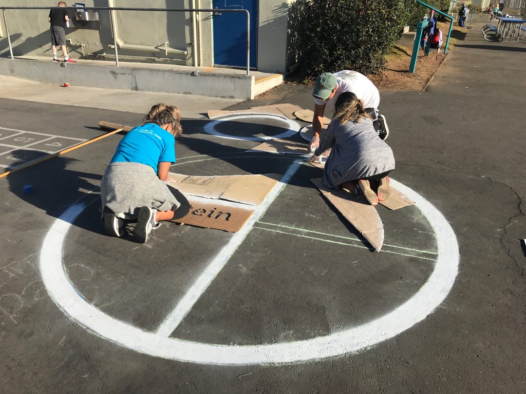 people spray painting food groups