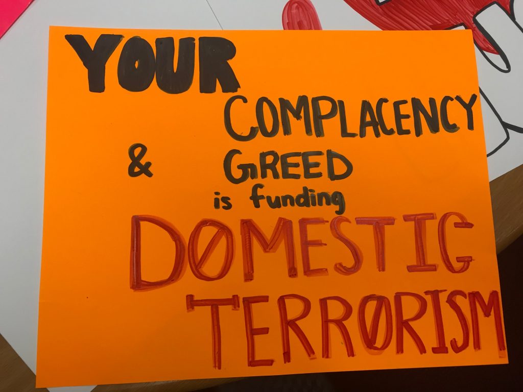 your complacency and greed is funding domestic terrorism